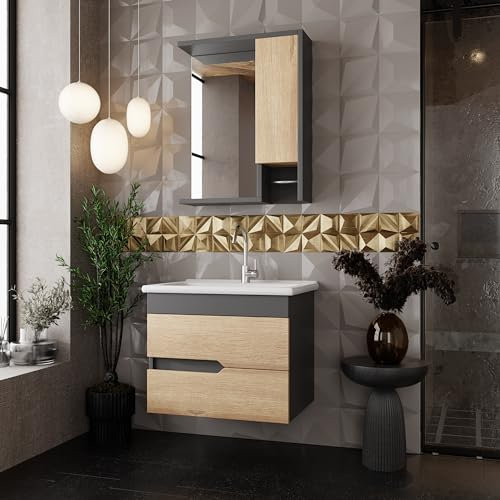 Badezimmermöbel Set Marmara 65 Anthrazit| Keramikwaschbecken | Unterschrank | Spiegelschrank | Handtuchstange|Softclose-Schubladen & -Türen, Griffmulden | Natürlicher Stil | Badmöbel Waschtisch