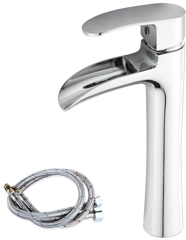 Ankoory Waterfall Bathroom Basin Mixer Tap, Tall Bathroom Sink Taps for Counter Top Basin, Monobloc Washroom Sink Faucet, Retro High Rise Basin Mixer with Flexible Tails, Solid Brass (Chrome)