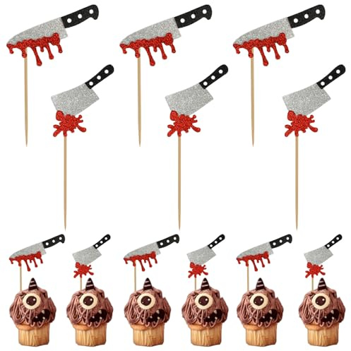 12 pcs Knife Cupcake Toppers, Halloween Cake Decorations, Glitter Horror Blood Knife Cupcake Toppers, Halloween Cupcake Decorations, Bloody Knife Cupcake Picks for Have a Killer Birthday, Horror Movie