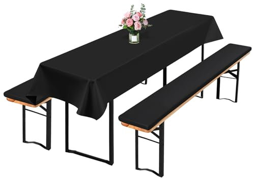 2er-Pack Bierbankauflagen(gepolstert) und 1er-Pack Tischdecke Bierzeltgarnitur, 220 x 25 x 3cm XL Bierzeltgarnitur Auflage und 250 x 100cm Biertisch Tischdecke für Party(schwarz, wasserdicht)