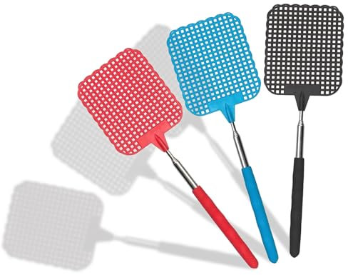 Geebymol Extendable Fly Swatters 3 Pack,Strong Fly Killer with Stainless Steel Telescopic Handle 30cm to 67cm,Manual Fly Swat Pest Control for Indoor Outdoor Mosquito Wasp Bug Insect(Black, Red, Blue)