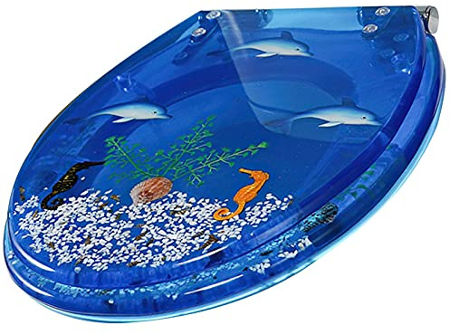 Toilet seat Environmentally Friendly Resin Toilet Seat with Stainless Steel Adjustable Hinge, Oval Quick Release Toilet Lid, Multiple Colors Available(Dolphin and Seahorse)