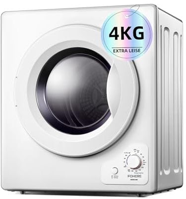 4KG Vented Tumble Dryer, FOHERE 1200W Compact Vented Tumble Dryer, 5 Auto Drying Mode, with Sensor, Exhaust Duct & Stainless Steel Tub, for Apartment, Home, Dorm, White