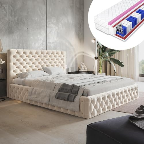 MOTIVENA Dalia Chesterfield Polsterbett 140x200 Mit Bettkasten, Matratze und Lattenrost - Kopfteil Samt, H2/H3 Matratze - Beige Creme
