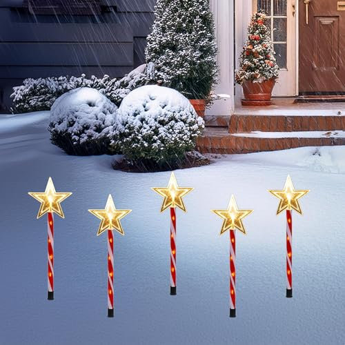 LED Gartenstecker 5er Set Stern rot/weiß mit Timer - je 50 cm - Garten Deko Weihnachts Beleuchtung warm weiß - Weihnachten Winter Advent Dekoration für Außen