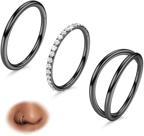 BodyBonita 3 Stück Nasenpiercing – 316L Edelstahl Doppelt Reifen Nasenring 18G CZ Septum Piercing Helix Conch Tragus Daith Ohrring lippenpiercing Schmuck Hypoallergen Frauen Männer Schwarz 8mm