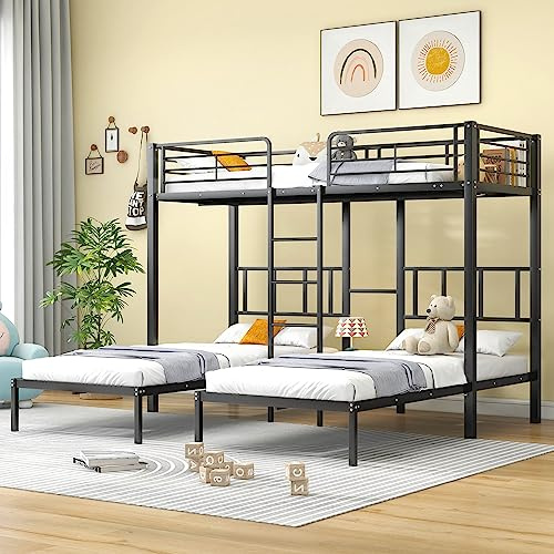 Kebnor 90x200cm*3 Dreierbett, Dreifaches Etagenbett mit Leiter für Kinder und Jugendliche, Eisenbett mit Fallschutzgitter und Tisch (Schwarz)