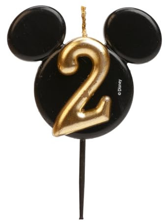 dekora - Vela de Cumpleaños de Mickey Mouse - Velas de Disney - Cera de Parafina sin Fragancia - Velas para Niños con Orejas de Mickey Mouse Negro y Dorado - Tamaño 8,5 cm - Número 2