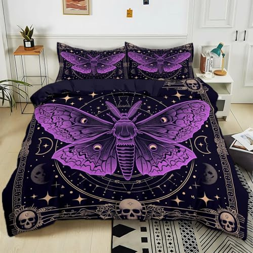 Generisch Bettwäsche 155x220 cm Gothic Totenkopf Schmetterling Lila 3D Bedruckte Bettbezug Einfache Pflege 3-Teiliges Bettwäsche Set Polyester Baumwolle mit Reißverschluss und 2 Kissenbezug