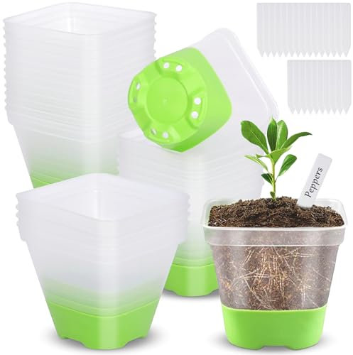 BBLTIFF 24 Stück Anzuchttöpfe, Pflanztopf Transparent mit Silikonboden und 24 Stück Pflanzenetiketten, Blumentopf Plastik 8cm, Grow Töpfe Wiederverwendbar, Anzuchttöpfe Eckig für Den Pflanzenanbau
