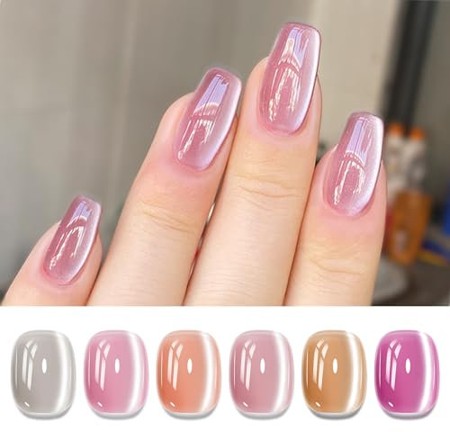 SUPWEE Cat Eye Gel Nail Polish Set with Magnet, 6 Colors Nude Pink Coral Shimmer Jelly Holographic Magnetic Gel Soak Off Cat Eye Effect DIY Nail Art Salon