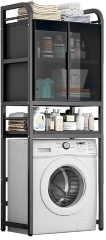 Black Bathroom Storage Rack with Glass Cabinet Door 4 Layer Iron Unit for Washing Machine or Toilet Multifunctional with 65CM Length