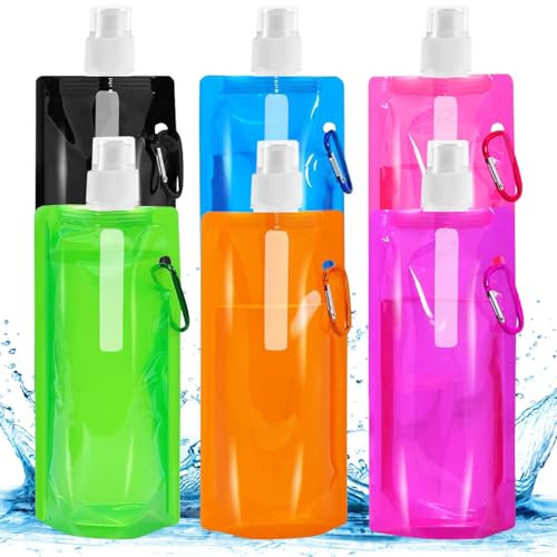 6 Stück 500ML Faltbare Trinkflasche,Tragbarer Zusammenklappbare Wassersack,Wiederverwendbare Faltbare Wasserflasche,Faltbare Wasserflaschen Set für Wandern,Abenteuer,Reisen,Unisex Adult