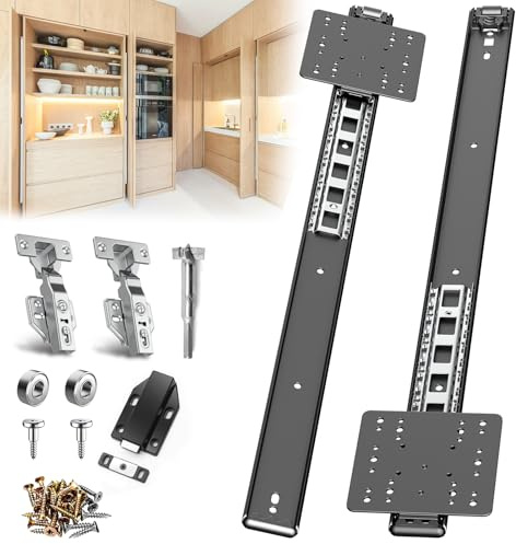 JAXYOOM 61cm Pocket Door Hardware Slide with Hinge for Cabinets 1 Set | Versteckte Schiebetürschiene für robuste Möbel, sanft schließendes einziehbares Set für Küche und Einbauschrank