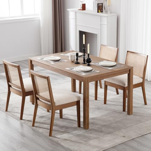 DAYALANE Esszimmerstühle Rattan 4er Set, Küchenstuhl mit Holzbeinen, Beige | Stühle Esszimmer mit Rückenlehne, Sitzfläche aus Leinen, Holzstuhl Akzentstühle Holz für Esszimmer, Restaurant