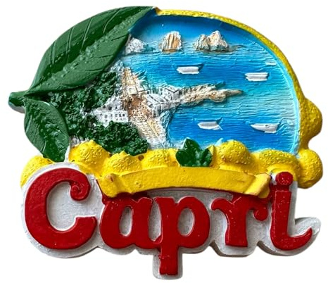 Dekorativer Magnet Capri, Souvenir aus Kunstharz mit Küstenlandschaft, Zitronen und Meerblick, Sammlerstück