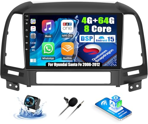 OiLiehu 4G+64G 8 Núcleos Qualcomm Snapdragon Android 15 para Hyundai Santa Fe 2006-2012 CarPlay Android Auto Pantalla Radio Coche 9 Pulgadas Bluetooth GPS FM/RDS WiFi SWC DSP/EQ Camara Marcha Atras