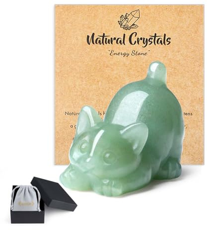 QINJIEJIE Green Aventurine Crystal Cat Ornaments Cat Gifts for Women | Good Luck Cats Themed Statue Home Office Desk Decor, Spiritual Crystal Gifts for Lovers Men Christmas Presents
