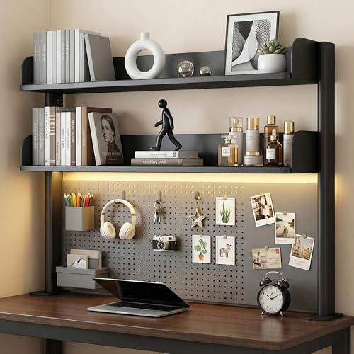 Klemmbare Schreibtisch Aufsatzregal, 3 Ebenen Stecktafel Regal Büro Computer Schreibtisch Zubehör Organizer mit 21 Zubehörteilen & 10 Magnetknöpfen, für Büro Gaming Zuhause (Schwarz, 80 x 95cm)