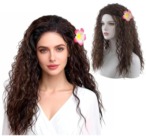 Pwsap 2PCS Schwarze Braune Lockige Perücken mit Kranz, geschichtete natürliche synthetische Perücke, Kostümhaarperücke, Anime, Cosplay, Vollkopfperücken für Halloween, Weihnachtsfeier, Karneval