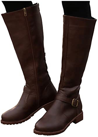 Eleganti stivali alti al ginocchio da donna, in pelle antiscivolo, tacco largo, tinta unita, punta rotonda, tacco basso a blocco, stivali alti con chiusura laterale, marrone, 39 EU