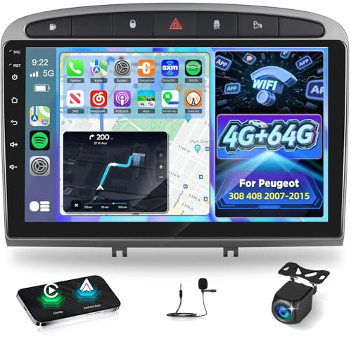 4G+64G Android Radio de Coche para Peugeot 308 408 2007-2015 con Wireless Carplay & Android Auto, Pantalla Táctil IPS de 9 Pulgadas con GPS, WiFi, 32EQ, Bluetooth 5.0, Radio FM/RDS