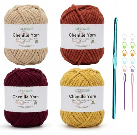 Jaciensh Chenille Wolle zum Häkeln 4x100g Häkelgarn Dicke Wolle Flauschige Babywolle,Ideal für Anfänger & Profis, Perfekt für Amigurumi & Decken (Rot - 4)