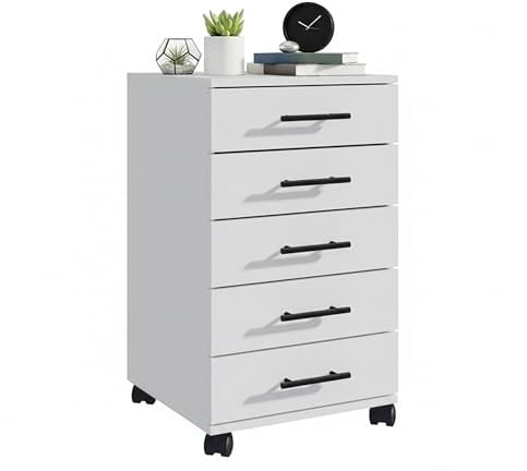 Relaxdays Rollcontainer, 5 Schubladen, HxBxT: 69 x 40 x 40 cm, Aktenschrank auf Rollen, Bürocontainer Schreibtisch, weiß