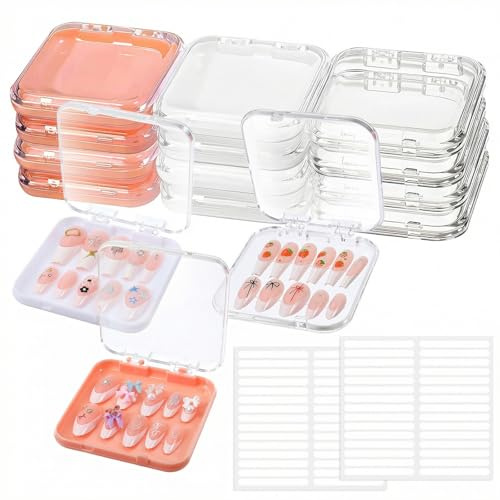 Xinjoduz 12 PCS Press on Nail Packaging Boxes with Adhesive Tape, Acrylic Press on Nail Storage Box for Home and Salon Use (Clear, Pink, White)