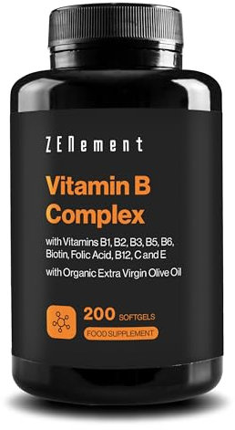 Vitamin B Complex, with Vitamins B1, B2, B3, B5, B6, Biotin, Folic Acid, B12, C and E, 200 Softgels | with Organic Extra Virgin Olive Oil | Energy, Mood & General Health | Non-GMO | Zenement