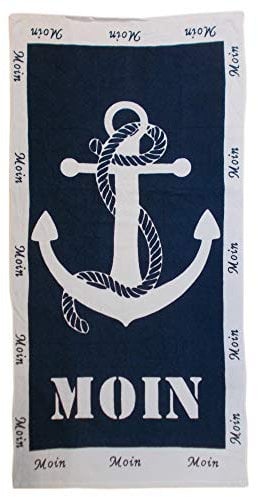 Unbekannt Maritimes Strand & Badetuch Moin Moin - Großes Handtuch mit Schrift & Anker Motiv - 100% Baumwolle Blau 75 x 150 cm