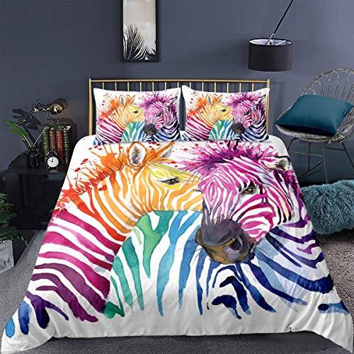 Buntes Zebra-Bettwäsche-Set für Kinder, Mädchen, Teenager, schönes buntes Tierthema, Bettbezug, Graffiti, Kunst-Dekor, Bettwäsche für Erwachsene, Männer und Frauen, 2-teilig