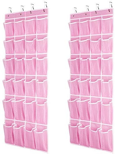 SAVERHO Hanging Shoe Organizer 2Pack, Over The Door Shoe Organizer with 24 Mesh Large Pockets Hanging Shoe Storage Bag for Sport Shoes Size:58x21 Inch Hanging Door Shoe Rack Organizer (Pink-2pack)