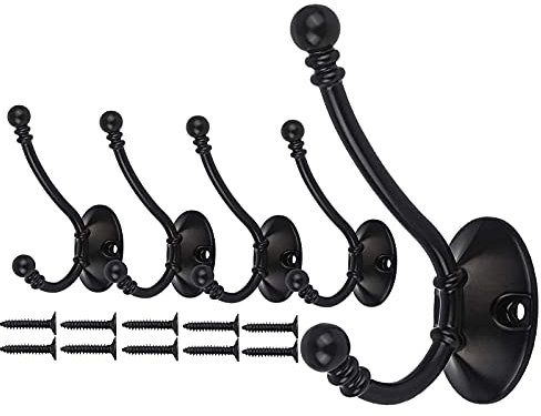 Mokife 5 Stück Wandhaken Vintage Schwarz, Kleiderhaken Doppelt Retro Groß Haken Metall Schwerlast für Tür, Wand, Holz, Garderobe
