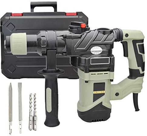 1300W Rotary Hammer Drill, 2 Mode in 1 Corded Hammer Kit, Demolition Hammer Heavy Duty Concrete Breaker Drills with Rotating Handle, Flat and Point Chisels, 2 Drill Bits