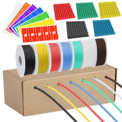 DAOKAI Cable de silicona de calibre 26 600 V 26 AWG Cables de cobre revestidos de estaño trenzados 7 colores (negro, rojo, amarillo, verde, azul, blanco, marrón) 10 m/33 pies cada kit de cable
