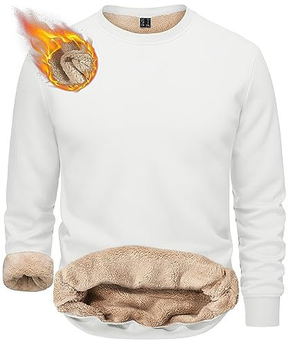 TACVASEN Warm Sweatshirt Men Sherpa Lined Fleece Sweatshirts Pullover Tops Work Jumper Long Sleeve Sweaters White,L