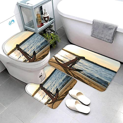 Lavnox Badematten Set 3D Anker Strand 3-teiliges Absorbierend Flanell Badezimmerteppich-Set 50x80cm, Marine Nautisch Badteppich Schnell Trocknend Weich Badvorleger mit WC Deckelbezug