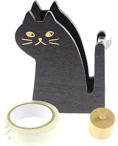 Dévidoir à ruban adhésif pour chat, coupeur de ruban adhésif vintage en bois pour chat avec 1 rouleau de ruban adhésif pour maison, le bureau et les accessoires de bureau (noir) Coupeur de