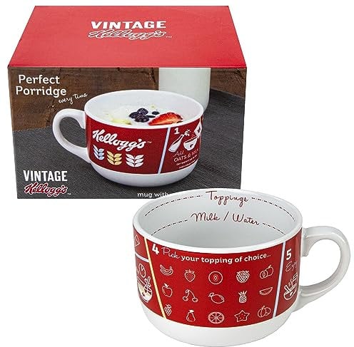 Kimm & Miller Kelloggs Porridge & Cereal Bowl Mug 560ml with Recipe Design - Ceramic Bowl with Handle - Use in Microwavable for Porridge and Soup