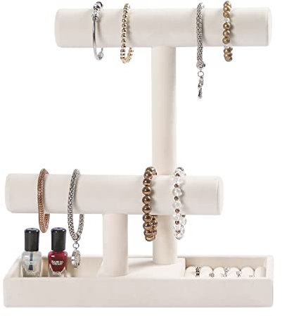 Pengup 2 Tier Jewelry Organizer Holder,Bracelet Necklace Stand with Rings Tray,Beige Velvet Jewelry Displays for Girls.