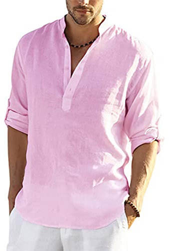 Camicia da uomo in lino in cotone casual da spiaggia estiva Henley Grandad Collar T Shirt, rosa, M