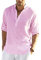 Chemise décontractée en lin pour homme avec col Henley Grandad, rose, M