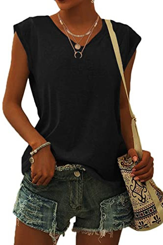 WNEEDU Women Tops Summer T-Shirts for Women UK V Neck Cap Sleeve Ladies Summer Tank Tops Blouses Black S