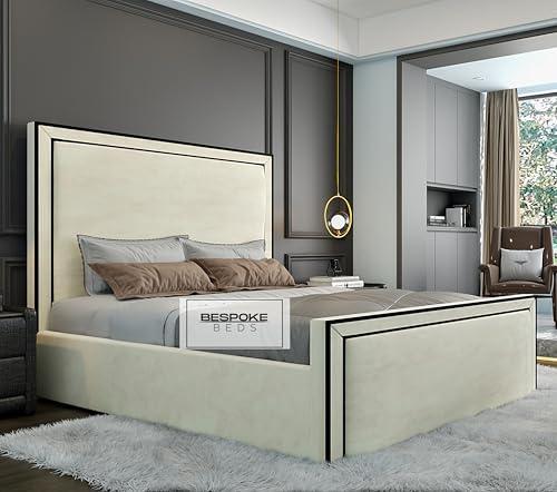 Fabric Upholstered Bed Frame, Ottoman Storage Bed Frame, Plush Velvet Bed Frame With Black Thread, Double King,Super King Bed Frames (Cream Plush Velvet, 4FT6 Double)