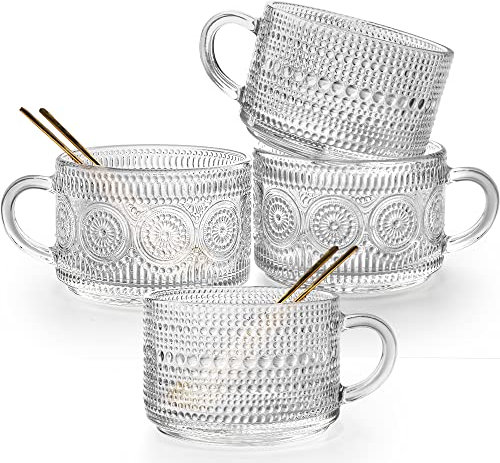 Gutsdoor Vintage Glass Coffee Mugs Set of 4, 14 Oz Clear Embossed Glass Coffee Cups, Stackable Breakfast Cups with Gold Spoon for Cereal, Latte, Tea, Beverages (2*Flower+2*Beads)