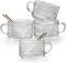 Gutsdoor Set di 4 tazze da caffè vintage in vetro trasparente goffrato, impilabili, con cucchiaio dorato, per cereali, latte, tè, bevande (2 fiori + 2 perline)