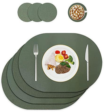 Tischsets und Untersetzer aus Leder, Platzdeckchen abwaschbar,Platzsets abwaschbar,Tischdeko,Tischset rund,Platz-Matten für Küche Speisetisch,4er-Set (Oval, grün)
