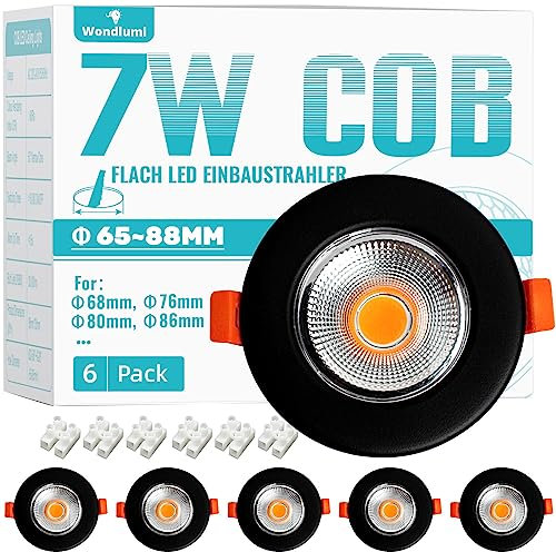 6er LED Einbaustrahler 7W Set LED Spot Rund 2700K Warmweiß Deckenspots Schwarz Matt 600LM 65-88mm Lochmaß für Schlafzimmer Wohnzimmer