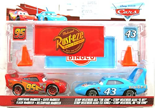 Disney Cars 2022 Fan-Favorite 2-Pack with Race Team Flags and Signs: Lightning McQueen and Strip Weathers AKA The King Rusteze Dinoco